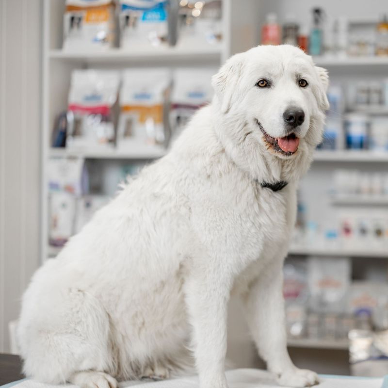 A white dog sitting on a table